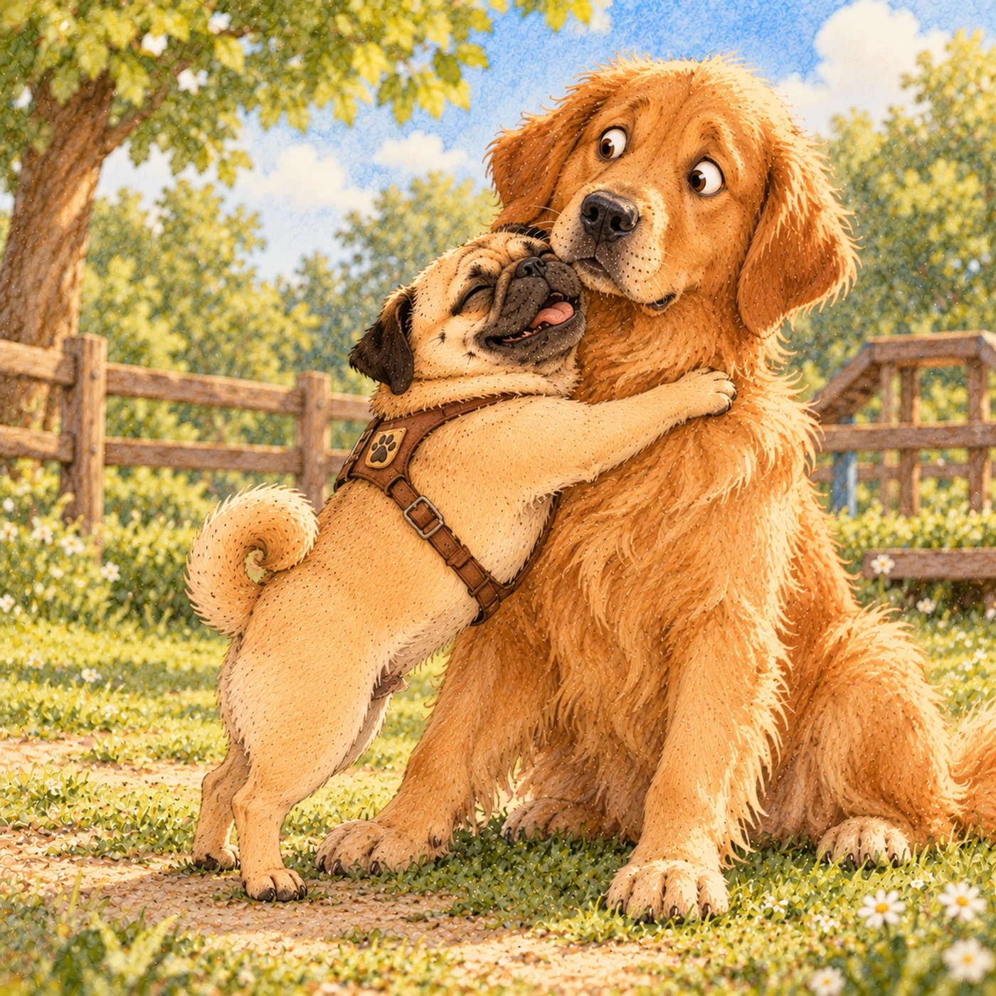 Buchillustration: Rocky umarmt einen anderen Hund