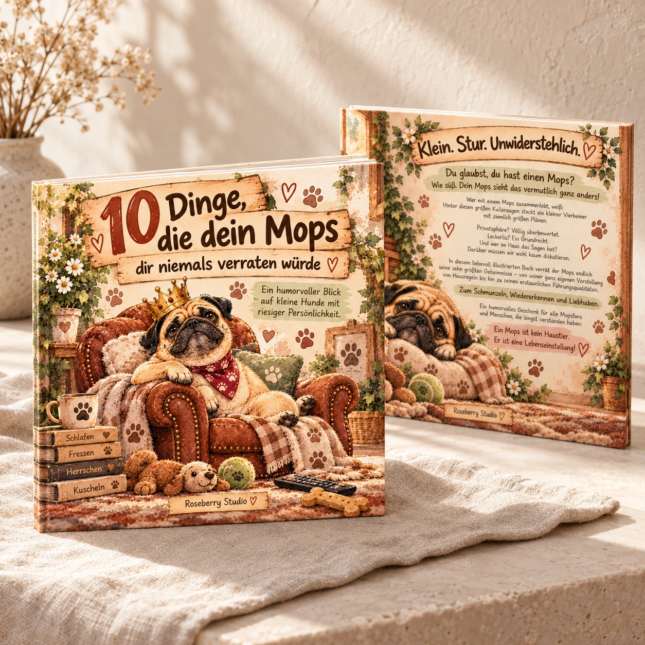 Gestaltetes Buch-Mockup: Rockys Originalcover und Rückseite auf heller Leinenfläche